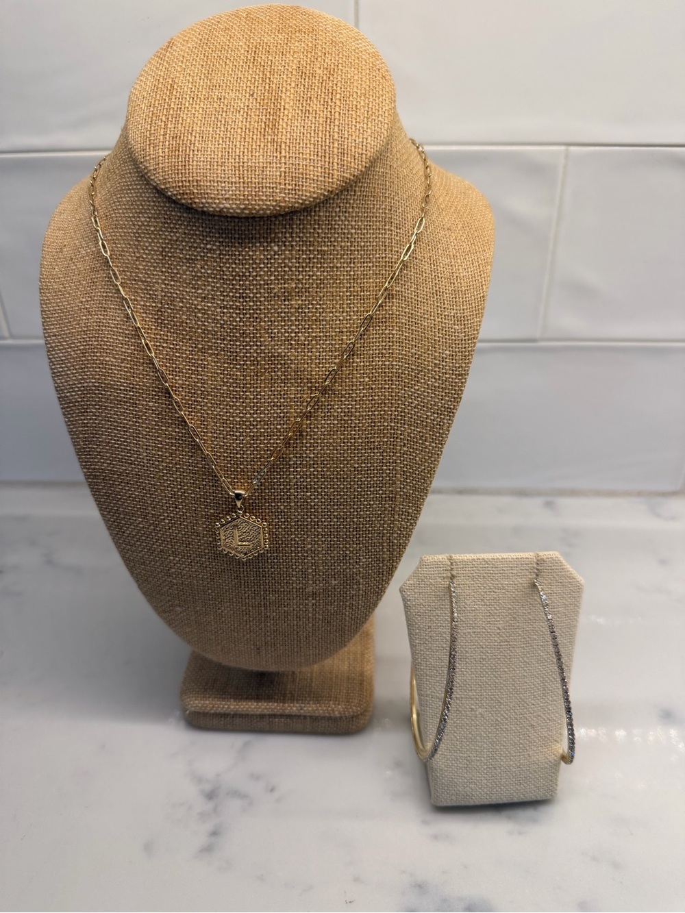 L Hexagon Pendant Necklace and Hoop Earrings Set